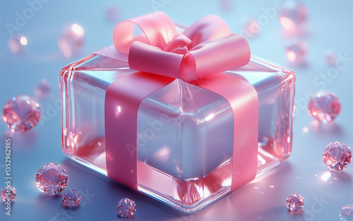 Elegant Glass Gift Box with Pink Ribbon and Diamonds on Soft Blue Background