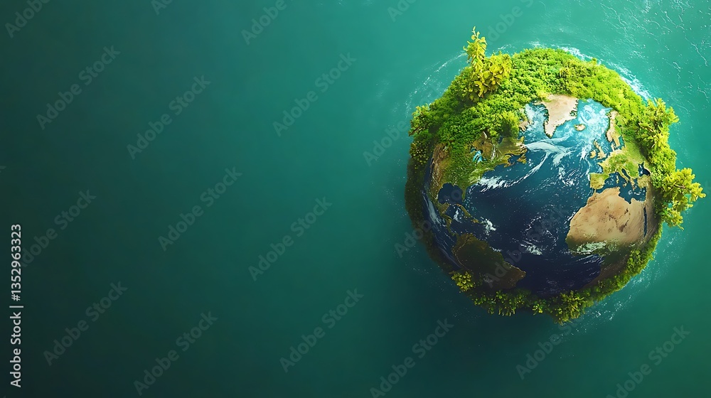 Fototapeta premium A vibrant, pixelated representation of the planet, with lush vegetation and blue waters, set against a deep blue-green background, evoking a sense of wonder and discovery