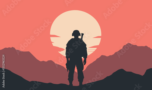 Reflective Soldier Silhouette at Sunset Facing Emotional War Aftermath