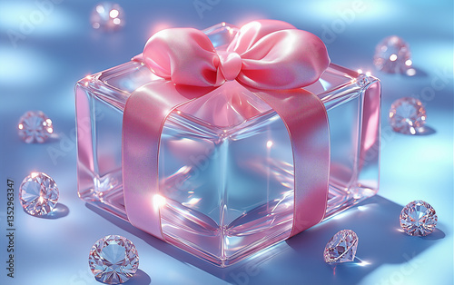 Elegant Glass Gift Box with Pink Ribbon and Diamonds on Blue Background