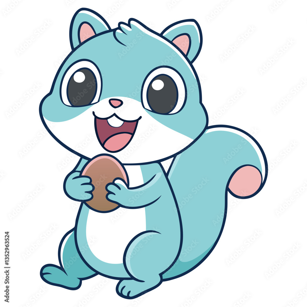 Naklejka premium Cute Cartoon Blue Squirrel Holding Nut, Cheerful Expression, Animal Character Art