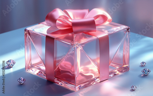 Elegant Glass Gift Box with Pink Ribbon and Diamonds on a Soft Blue Surface