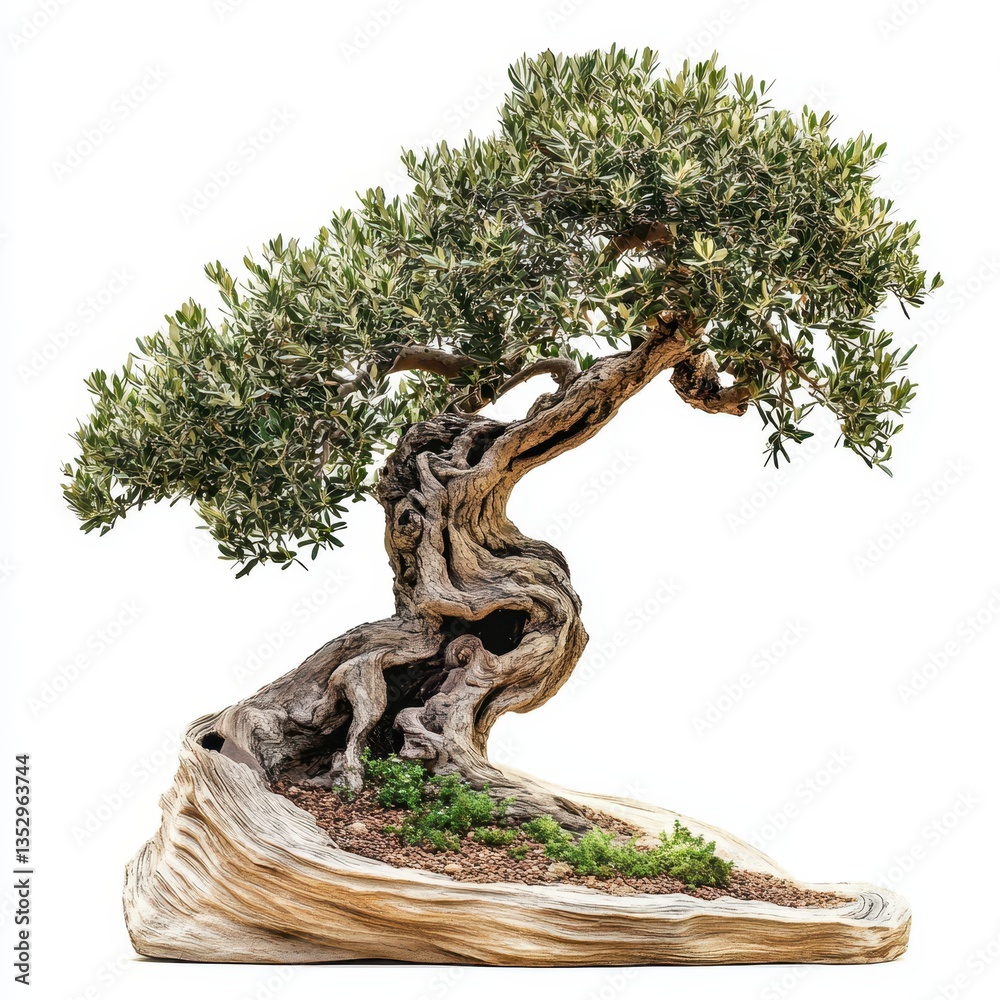 Fototapeta premium Ancient Olive Tree Bonsai with Exquisite Curved Trunk and Lush Green Foliage Displaying Nature's Beauty and Serenity on White Background