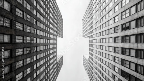 City skyscrapers converging, cloudy sky, urban architecture, low angle view, ideal for design