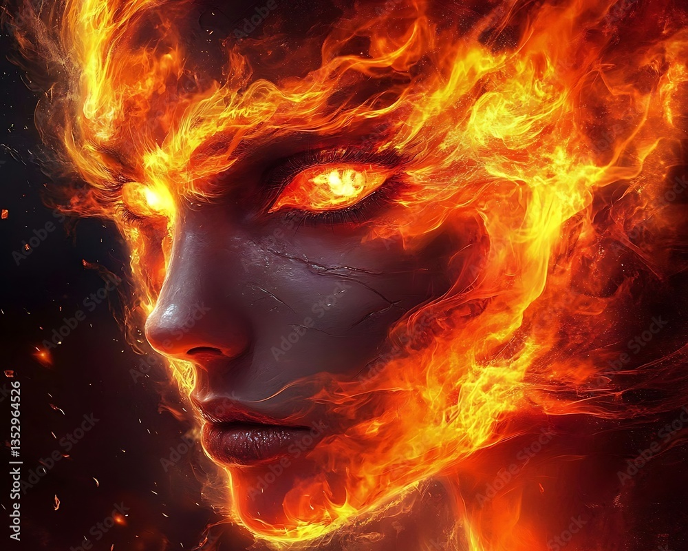 Fototapeta premium A portrait of a womans face enveloped in intense flames