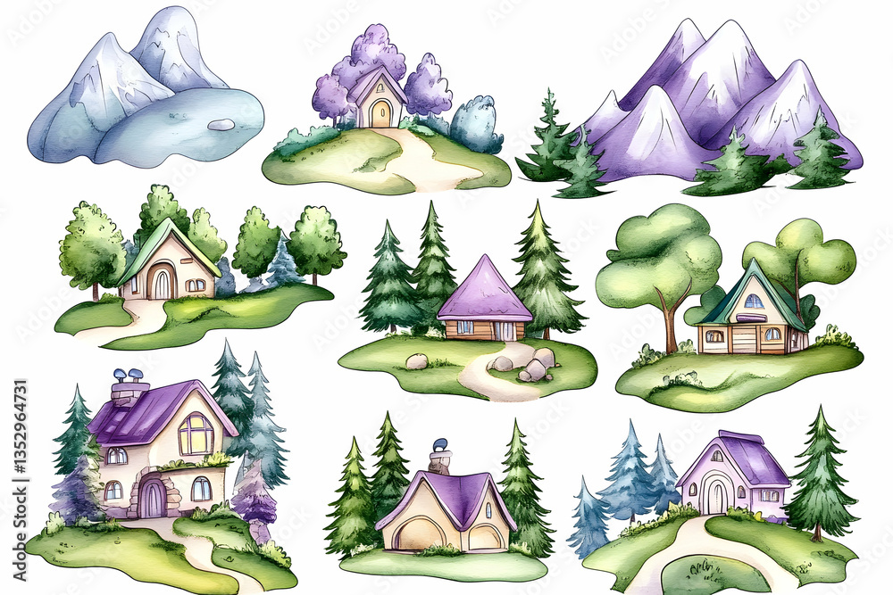 Naklejka premium Cute Homes in Mountain Landscapes