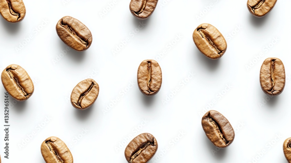 Roasted coffee beans scattered on clean white surface, casting soft shadows Roasted coffee beans scattered on clean white surface, casting soft shadows