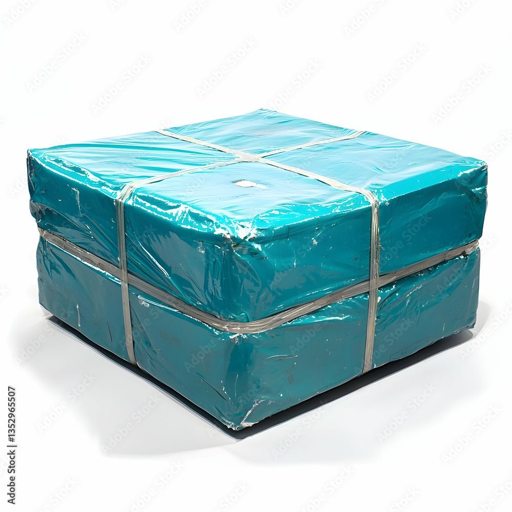 Fototapeta premium Teal-wrapped package on white background, ready for shipping; ideal for e-commerce websites