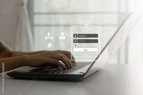 cyber security concept. User login to a password banking account on the internet network by computer laptop. Privacy data protection from hacker crime technology. Online protect business information.