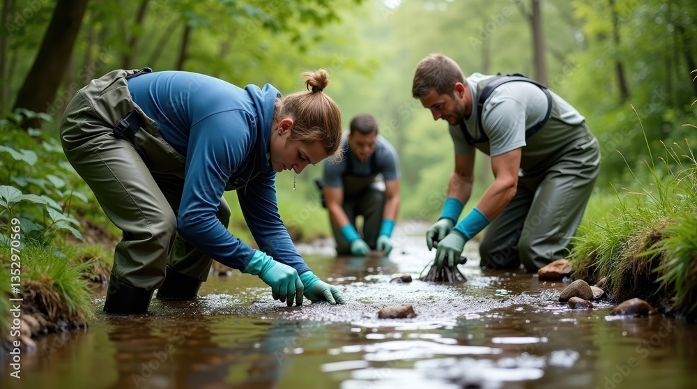 © Horizen - Researchers collecting water samples in forest stream for environmental study © Horizen - Researchers collecting water samples in forest stream for environmental study