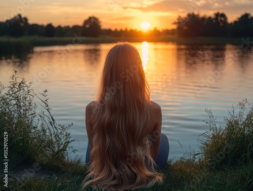 Girl with long blonde hair sitting by lake, watching sunset, golden reflection on water, trees, bushes, sky in orange and pink hues