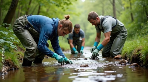 Researchers collecting water samples in forest stream for environmental study