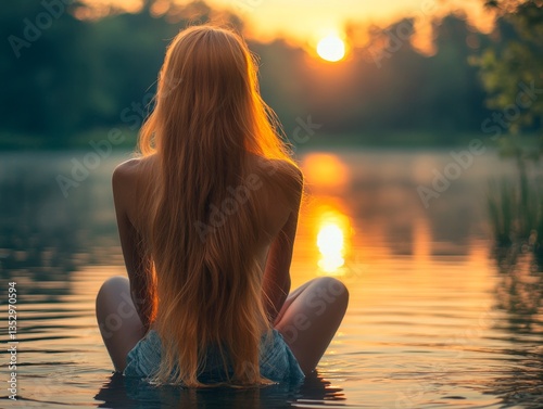 Girl with long blonde hair sitting by lake, watching sunset, golden reflection on water, trees, bushes, sky in orange and pink hues