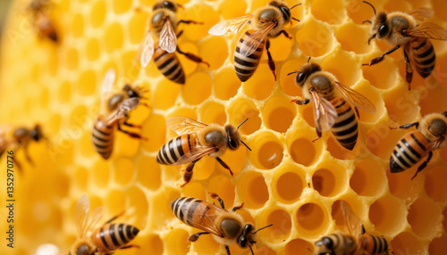 Bees working on honeycomb structure, Bee and Honeycomb, Rosh Hashanah 