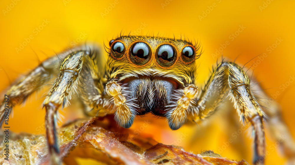 Macro Portrait Of A Brown And Yellow Spider With Multiple Eyes Against An Orange Background With Sharp Details Macro Portrait Of A Brown And Yellow Spider With Multiple Eyes Against An Orange Background With Sharp Details