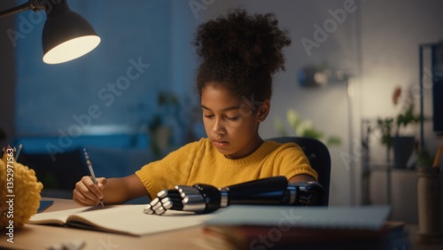 Young girl with a prosthetic robotic arm studying at her desk under a warm desk lamp, symbolizing resilience, technology, and the power of education in an inspiring and futuristic setting