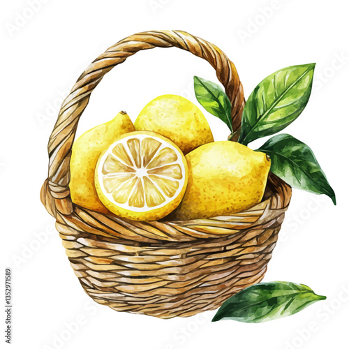 A watercolor vector painting of a lemon basket, isolated on a white background. Lemon basket vector.

