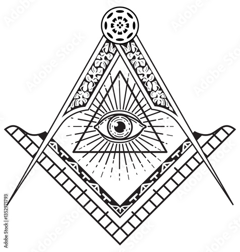 Square and Compass with All Seeing Eye of Providence Master Mason B&W