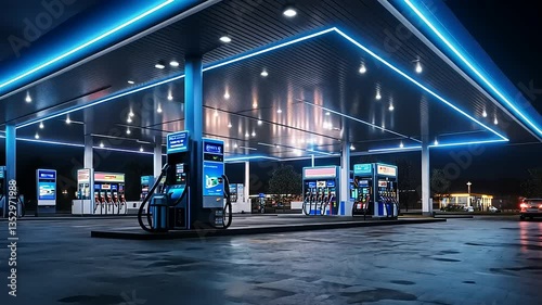 Modern gas station at night with illuminated pumps and vibrant blue lighting, bustling background