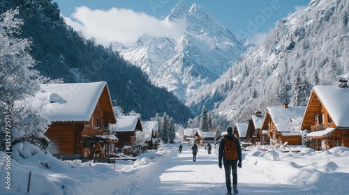 Wallpaper Mural Snow-covered village, hiker walking, mountain backdrop, winter holiday Torontodigital.ca