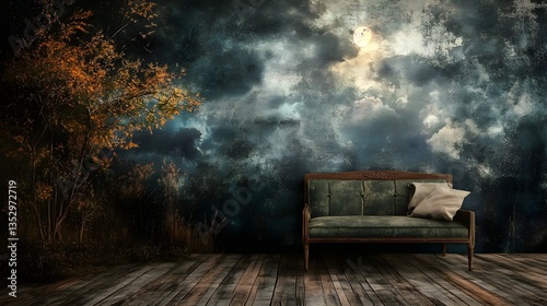 Contemplative Calm: An antique loveseat rests in a moody interior with a dramatic, textured background, evoking a sense of introspection and tranquility.
