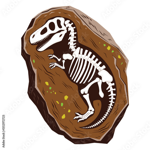Dino fossil skeleton in rock. Cartoon vector of a Tyrannosaurus rex relic, a complete skeletal structure embedded in brown stone. Ideal for prehistoric, science, and paleontology themed designs.