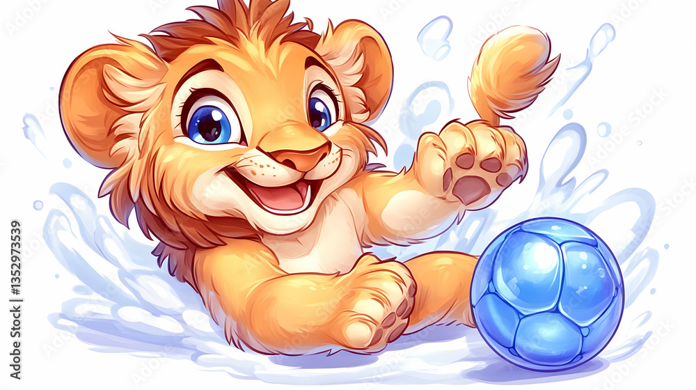 Fototapeta premium Cute lion cub playing with ball