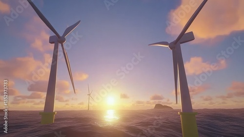 Renewable Energy Wind Turbines at Sunset Sustainable Power Generation Offshore Wind Farm Eco