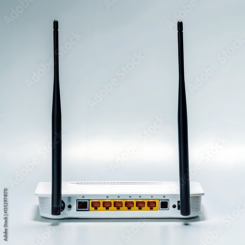 A white wireless router with two black antennas on a plain white background view