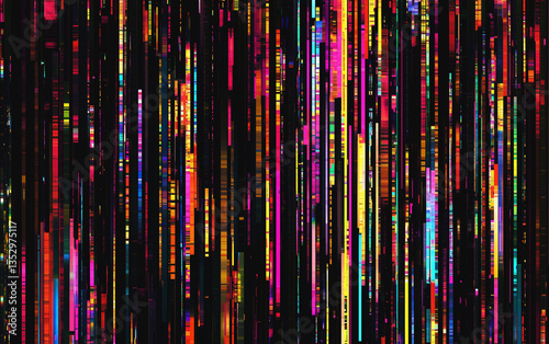 Abstract Glitch Art Background with Colorful Vertical Lines and Dark Backdrop for Modern Design