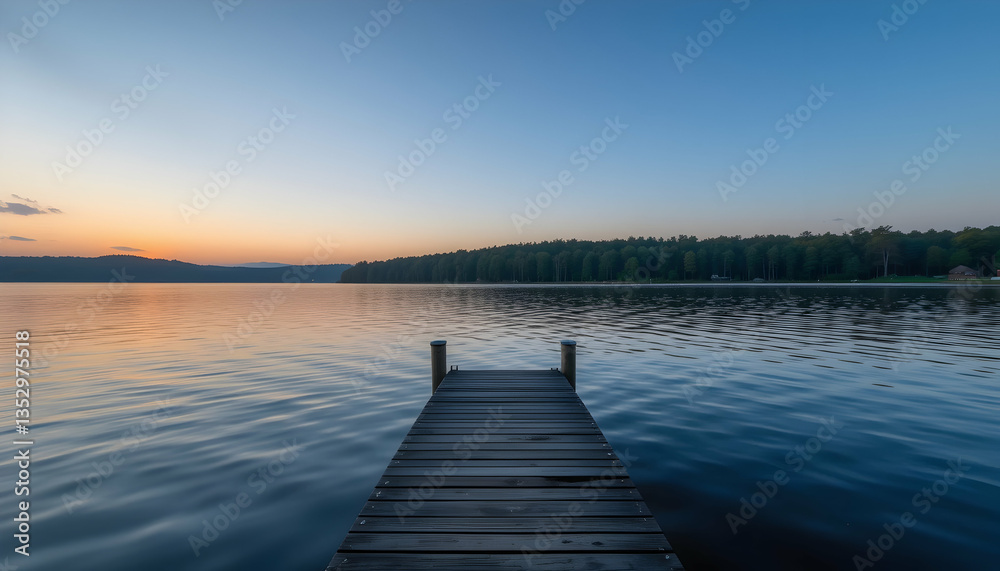 Obraz premium Serene Sunset Lake Retreat Tranquil Wooden Dock Escape to Nature Peaceful Waters Scenic Landscape Dusk Horizon Idyllic Getaway