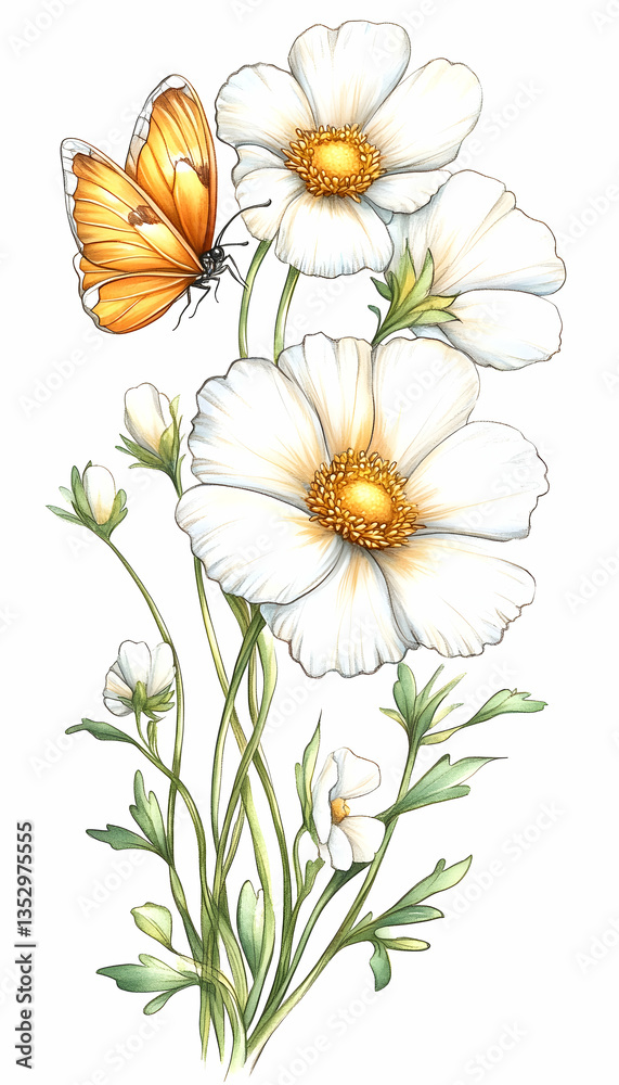 Fototapeta premium Delicate Flowers & Butterfly