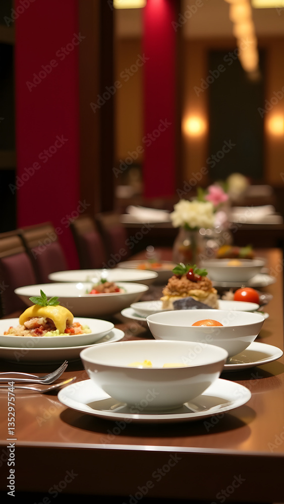 Modern plates are displayed on a buffet table in an elegant office lounge with burgundy and gold decor, white porcelain plates, and warm lighting. Modern plates are displayed on a buffet table in an elegant office lounge with burgundy and gold decor, white porcelain plates, and warm lighting.