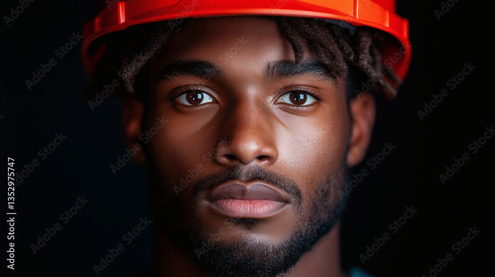 Fototapeta premium A young man with a serious expression wears a bright orange safety helmet, highlighting his readiness for work. The dark background emphasizes his focused gaze
