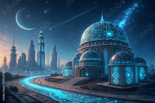 Celestial Nexus: Illuminated Domes & Futuristic Metropolis Under a Starry Galaxy photo