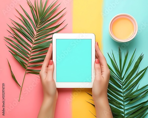 Woman Holding Tablet with Blank Screen Tropical Summer Mockup