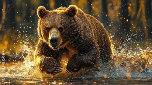 Brown bear running through autumnal water, forest background; wildlife photography