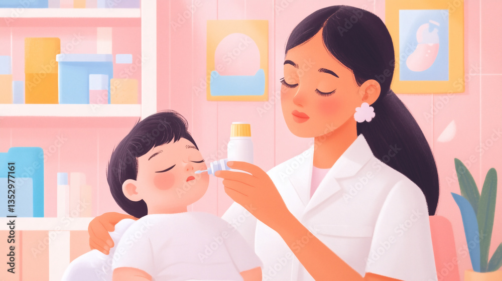 A caregiver gently applies medication to a child's nose in a bright clinic. The comforting atmosphere promotes healing and trust for young patients A caregiver gently applies medication to a child's nose in a bright clinic. The comforting atmosphere promotes healing and trust for young patients