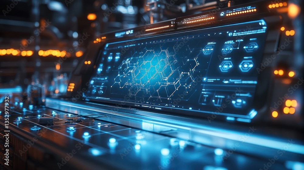 Futuristic control panel with holographic display showing network data. Futuristic control panel with holographic display showing network data.