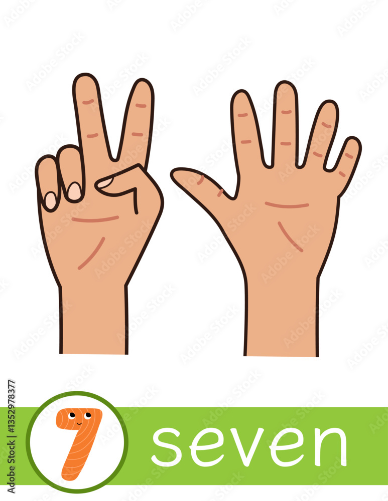 Fototapeta premium Learning number 7 flashcard for kids. Finger counting flash card for preschool. Vector illustration