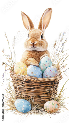 Easter bunny inside a basket with easter eggs, cute illustration with vibrant pastel colors. Vertical Easter banner with colorful eggs, rabbit and spring flowers. Transparent with copy space.