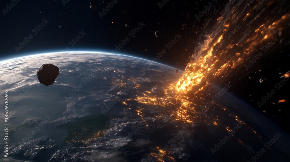 Obraz premium Cosmic collision: Asteroid impact on Earth, fiery destruction and chaos