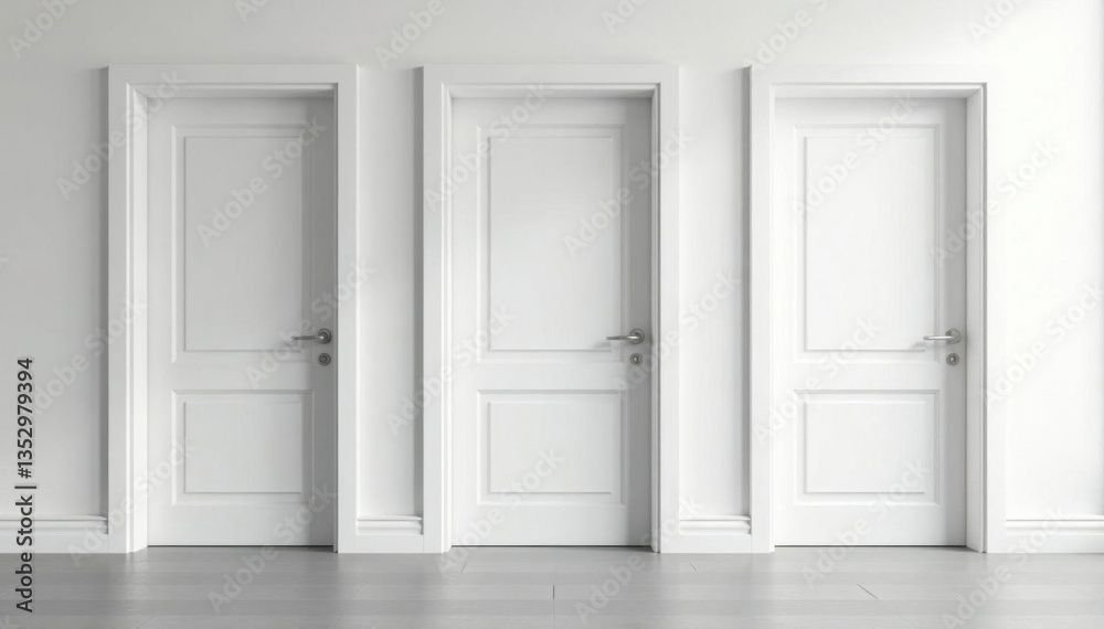 A set of white closed doors with doorframes arranged in a modern room , house, interior A set of white closed doors with doorframes arranged in a modern room , house, interior