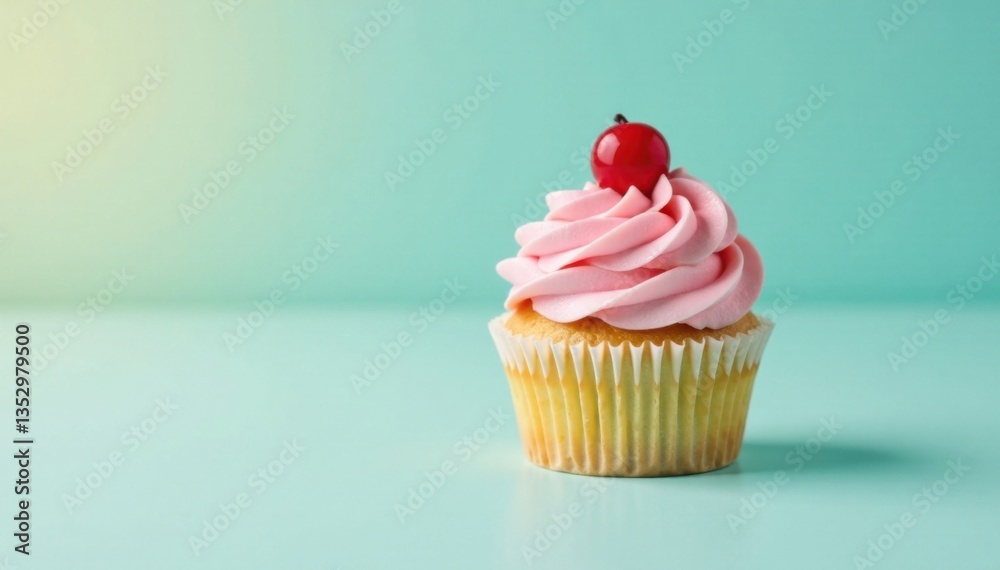 A single, perfectly decorated cupcake sitting alone on a plain light-colored surface surrounded by empty space , snack, cake A single, perfectly decorated cupcake sitting alone on a plain light-colored surface surrounded by empty space , snack, cake