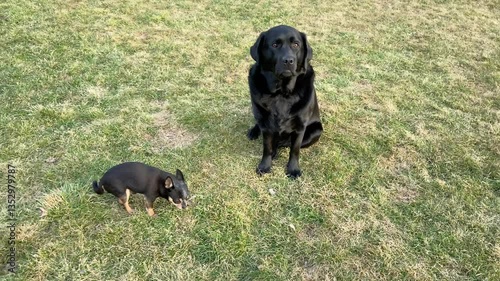 Two black dogs, a Chihuahua and a Labrador Retriever, are walking on the grass