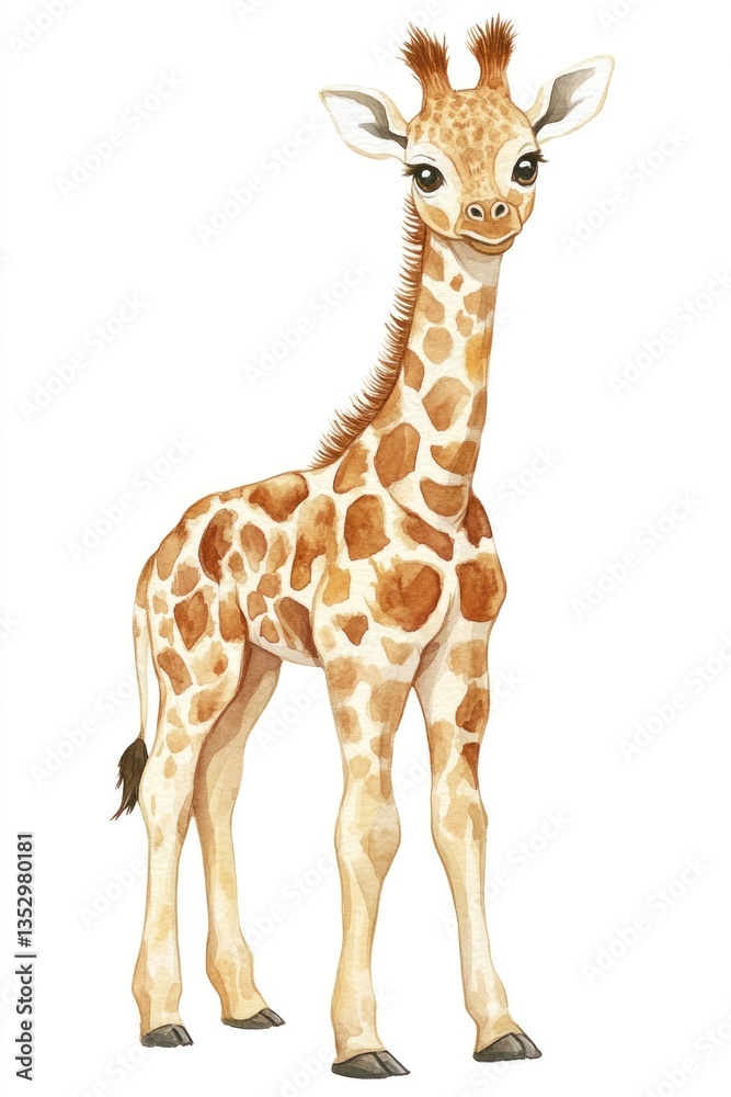Obraz premium A Watercolor Illustration Depicting a Friendly Looking Baby Giraffe