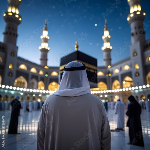 a man wearing ihram clothing stands with face facing the Kaaba in the grand mosque