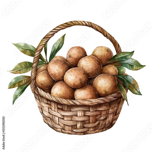 watercolor vector of Longan Basket, isolated on a white background.