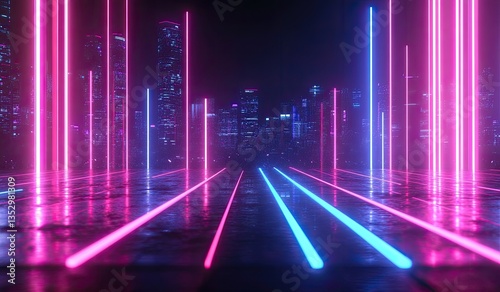 Neon city avenue bathed in vibrant pink and blue light