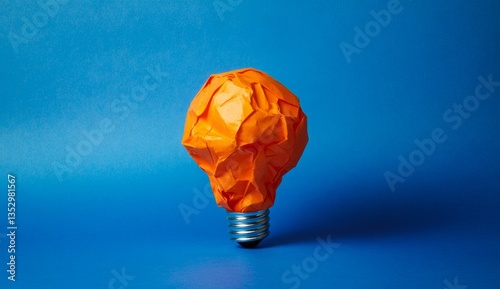 Crumpled orange paper lightbulb on blue background;  failed idea concept photo